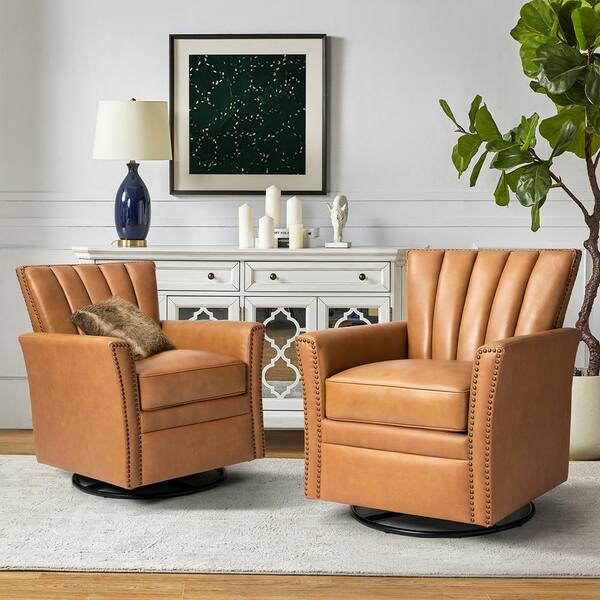 JAYDEN CREATION Adela Camel Genuine Leather Swivel Rocking Chair with
