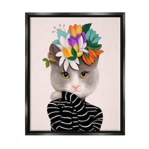 Bold Floral Design Grey Cat Striped Sweater by Ioana Horvat Floater Frame Animal Wall Art Print 31 in. x 25 in.