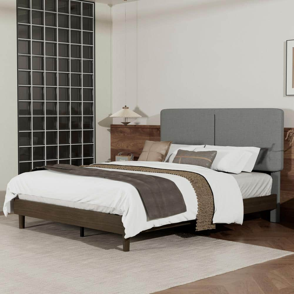 VECELO Upholstered Bed Frame With Linen Fabric Headboard, Strong Wood ...