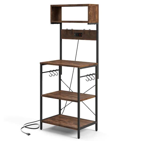 Costway Brown 3-Shelf Engineered Wood 23.5 in.W Baker's Rack Microwave Stand with Power Outlet Open Shelves and Hooks
