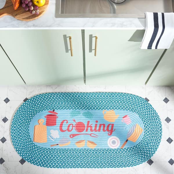 Braided Posters Light Blue/Blue 2 ft. x 4 ft. Machine Washable Cooking Modern Oval Area Rug