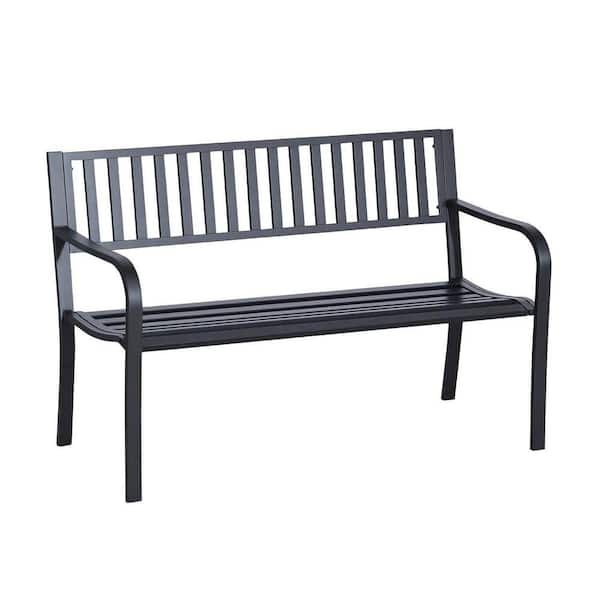 Outdoor Metal Bench, 50 in. 2-Person Patio Bench with Slatted Seat & Backrest, Black Steel Garden Bench.