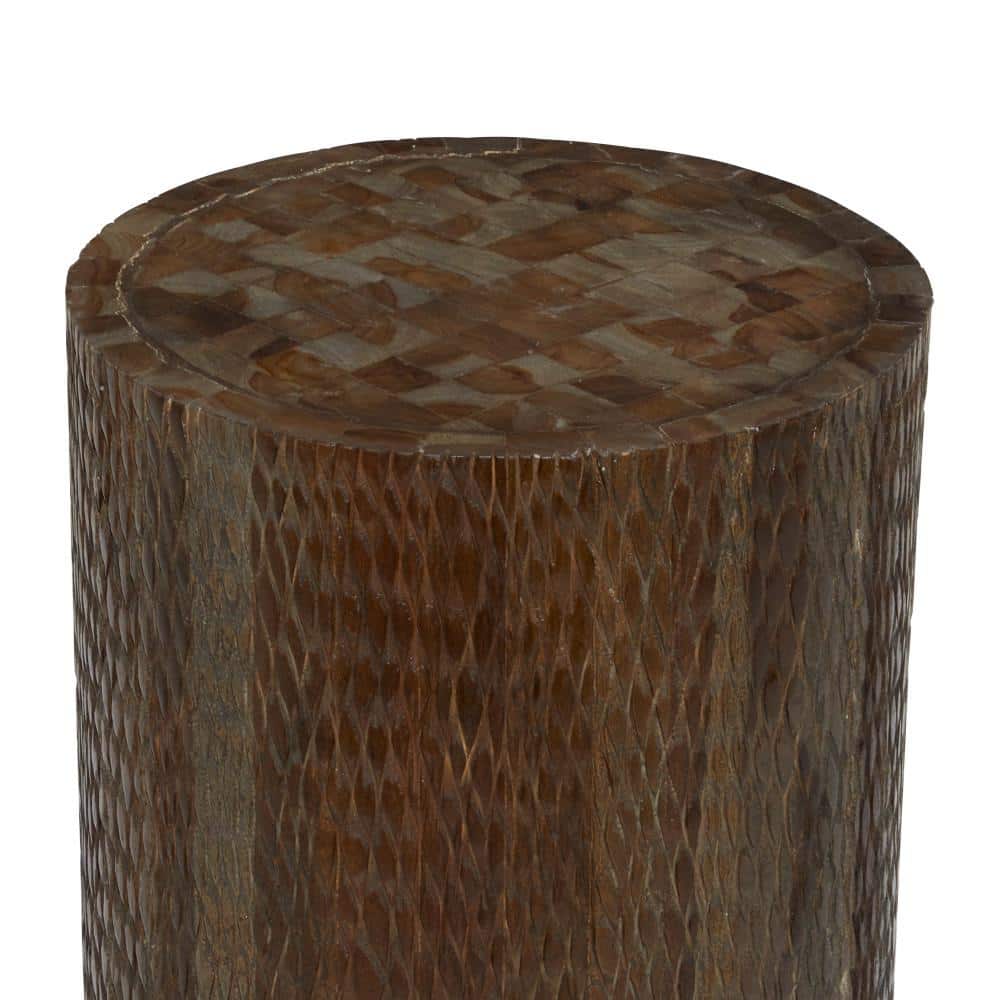 Brown Teak Wood Round Carved Accent Table