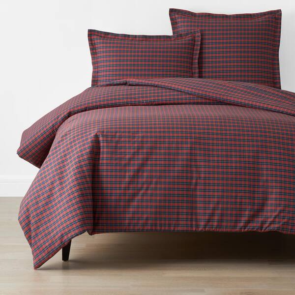 The Company Store Company Cotton Christmas Red/Navy Plaid King Cotton Percale Duvet