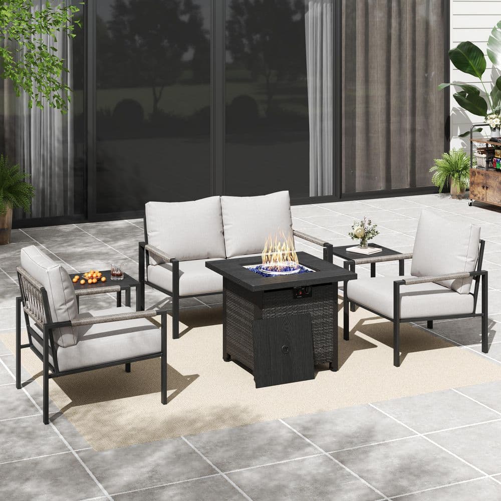 6-Piece Metal Outdoor Patio Conversation Set with 28 in. Fire Pit Table, Warm Grey Cushions and Coffee Tables