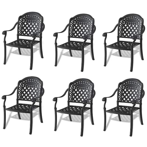 Anvil Black Cast Aluminum Stackable Outdoor Dining Chair Patio Bistro Chairs with Cushions in Random Colors (6-Pack)
