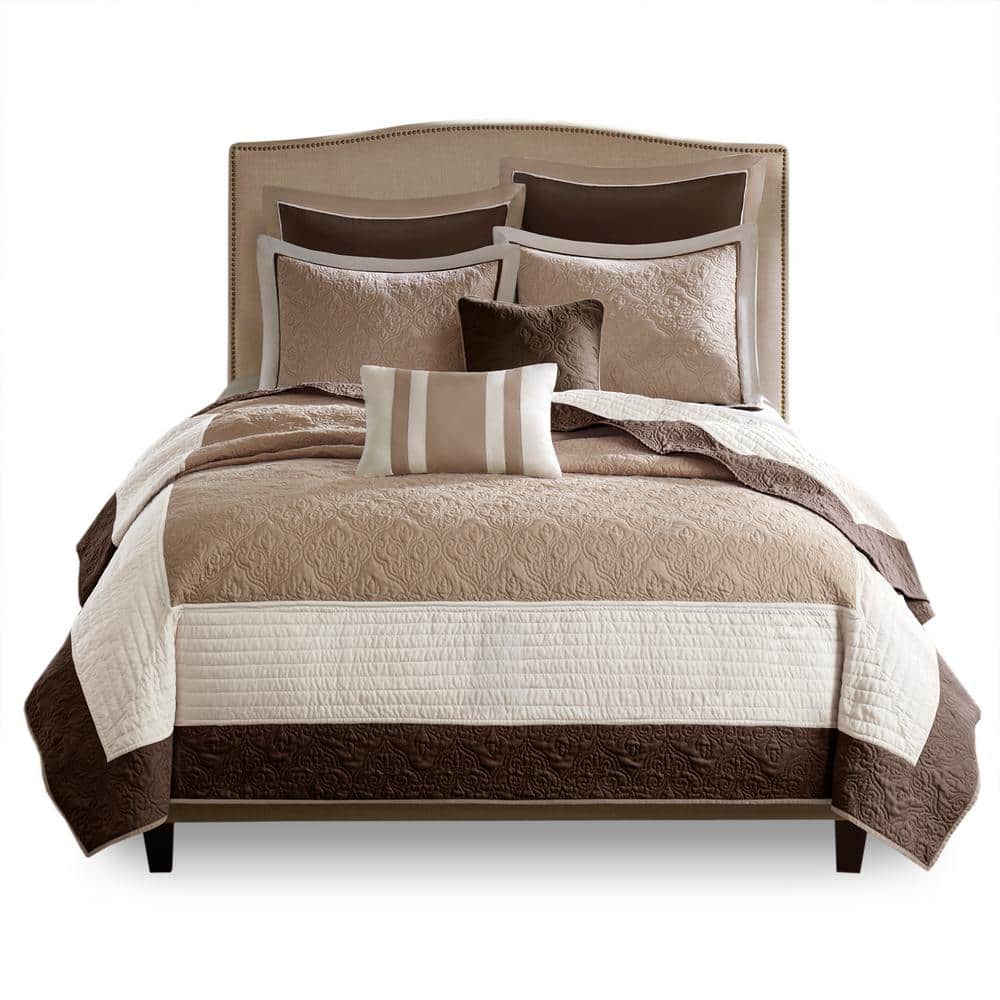 Brown and Beige Reversible Microfiber Coverlet Set with Shams