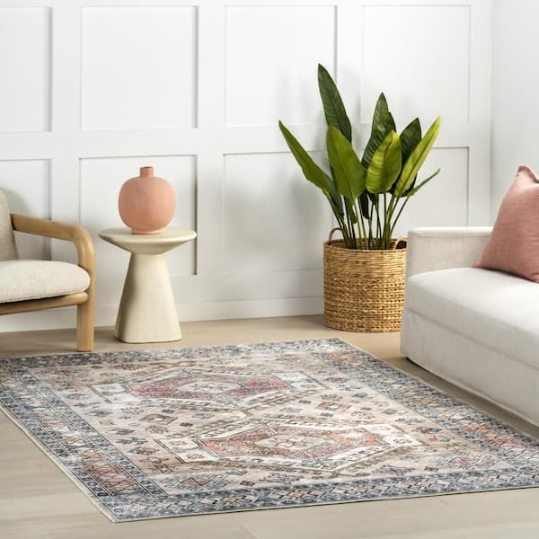 Nordic Emblems Spill Proof Washable Peach 8 ft. x 8 ft. Indoor Area Rug