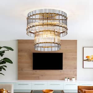 22 in. 10-Light Glam and Modern Antique Gold 2-Tiered Handmade Glass Shade Flush Mount Classic Lighting Fixture