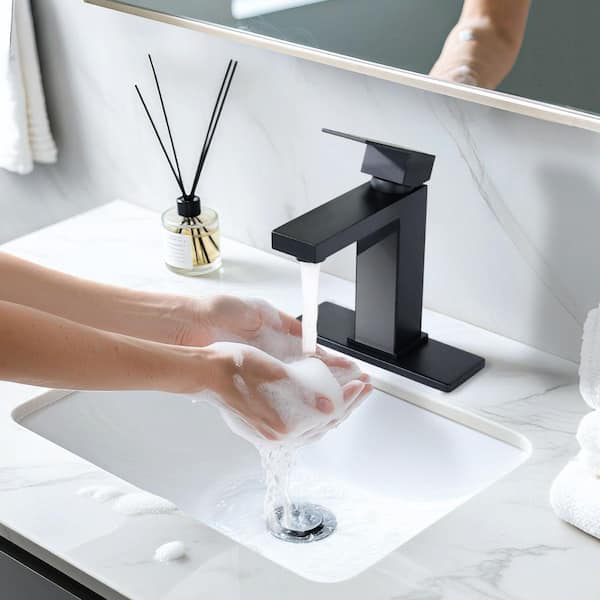 Single Handle Single Hole Bathroom Faucet with Deckplate and Pop Up Drain Included in Matte Black