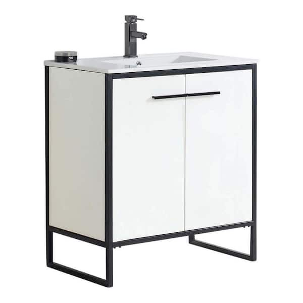 FINE FIXTURES Vdara 30 in. W x 18.11 in. D x 33.5 in. H Bathroom Vanity side cabinet in White Straight Grain with White Ceramic Top