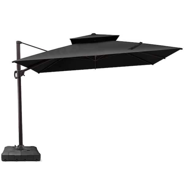 Pellebant 2-Tier Top 11.5 ft. Square Aluminum 360° Rotation Cantilever Tilt Patio Umbrella in Black with 260 lbs. Umbrella Stand