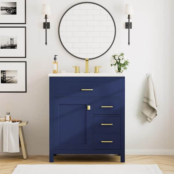 30 in. W Freestanding Bath Vanity in Blue with White Ceramic Top and Sink, Ample Storage