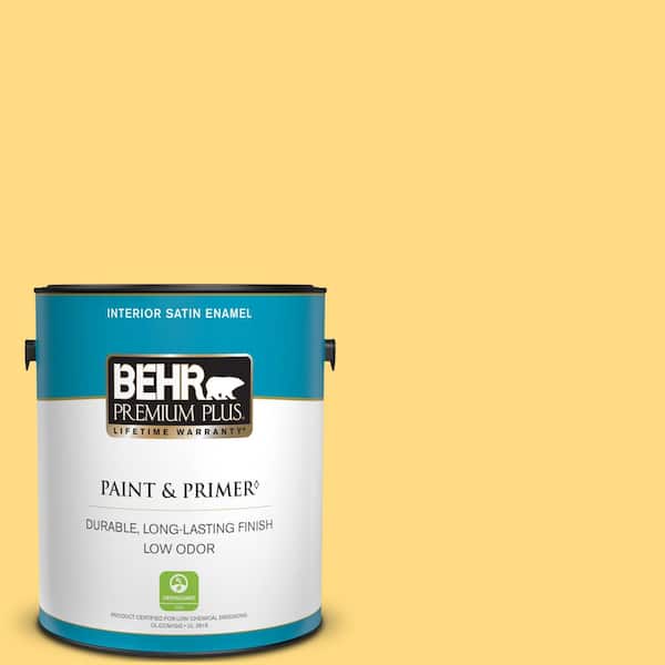BEHR PREMIUM PLUS 1 gal. #P290-4 Spirited Yellow Satin Enamel Low Odor Interior Paint & Primer