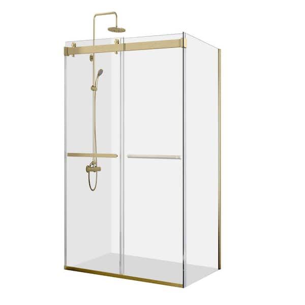 ROSWELL 48 in. W x 76 in. H Rectangle Double Sliding SemiFrameless Corner Shower Enclosure in Brushed Gold with Clear Glass