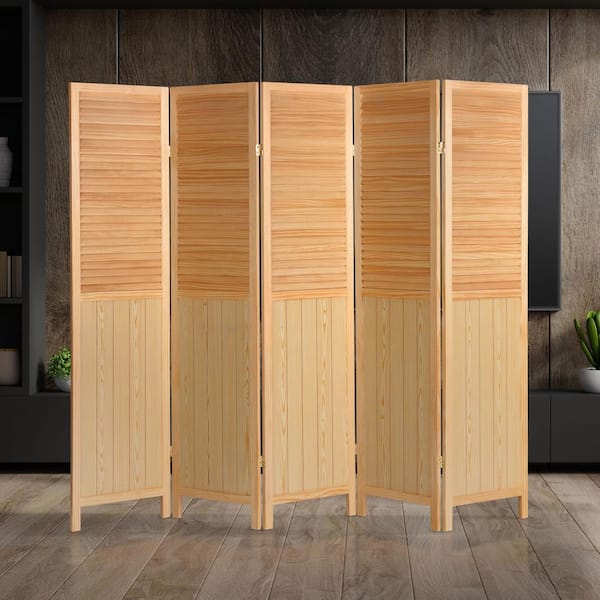 Natural 6 ft. Tall Louvered Beadboard 5-Panel Room Divider