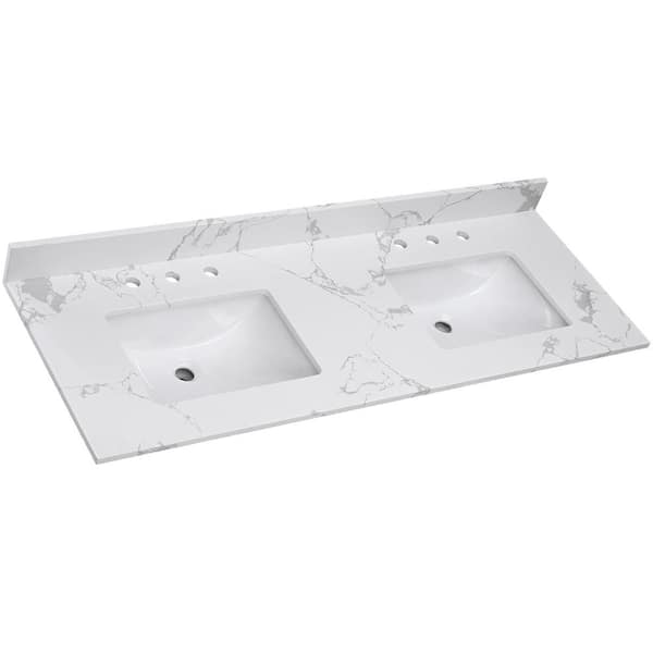 PROOX 48 in. W x 22 in. D Engineered Stone Composite White Rectangular Double Sink Bathroom Vanity Top in Fish Belly