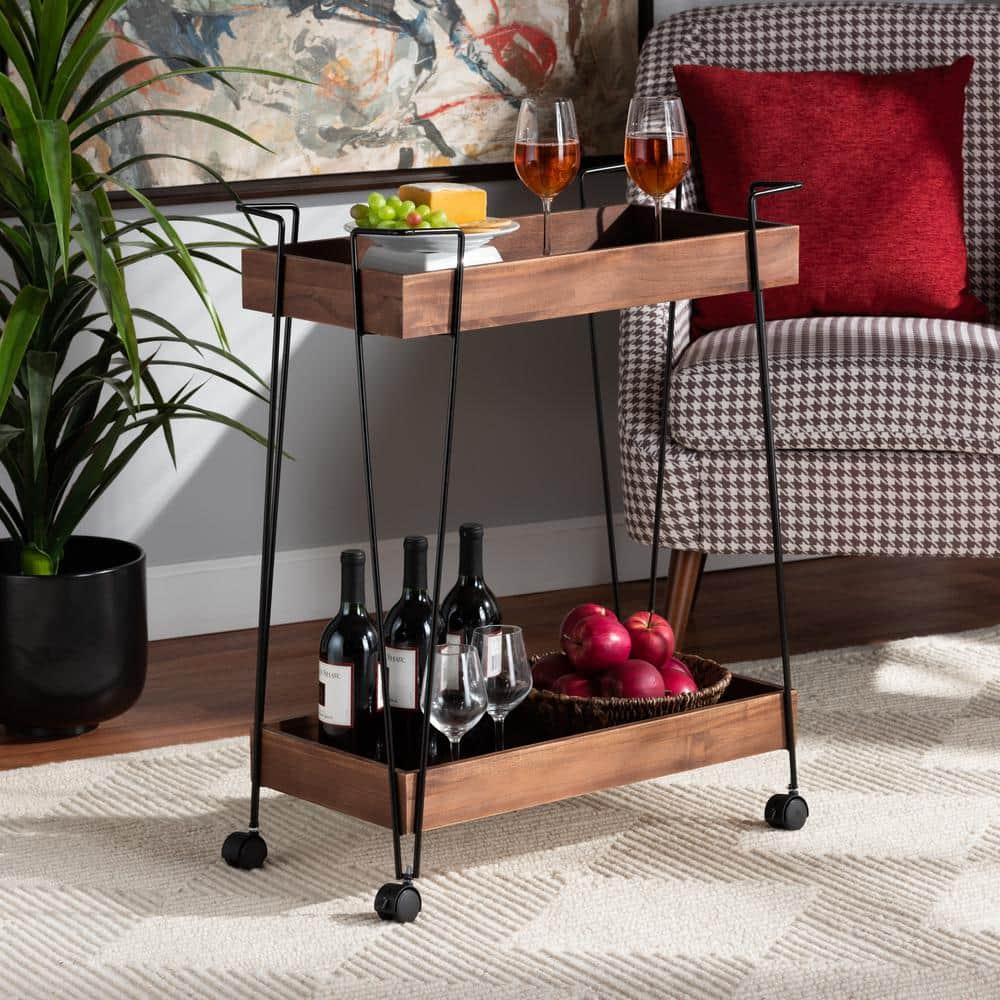 Baxton Studio Reynard Black and Walnut Brown Wine Cart 199-12179-HD ...