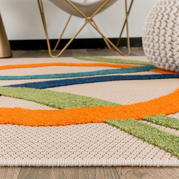 Beige 2 ft. x 7 ft. Distressed Geometric Indoor/Outdoor Runner Rug