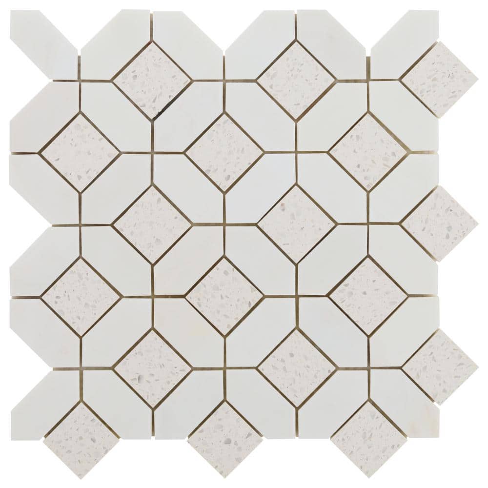 Salt White Polished Marble and Terrazzo Mosaic Tile Sheet