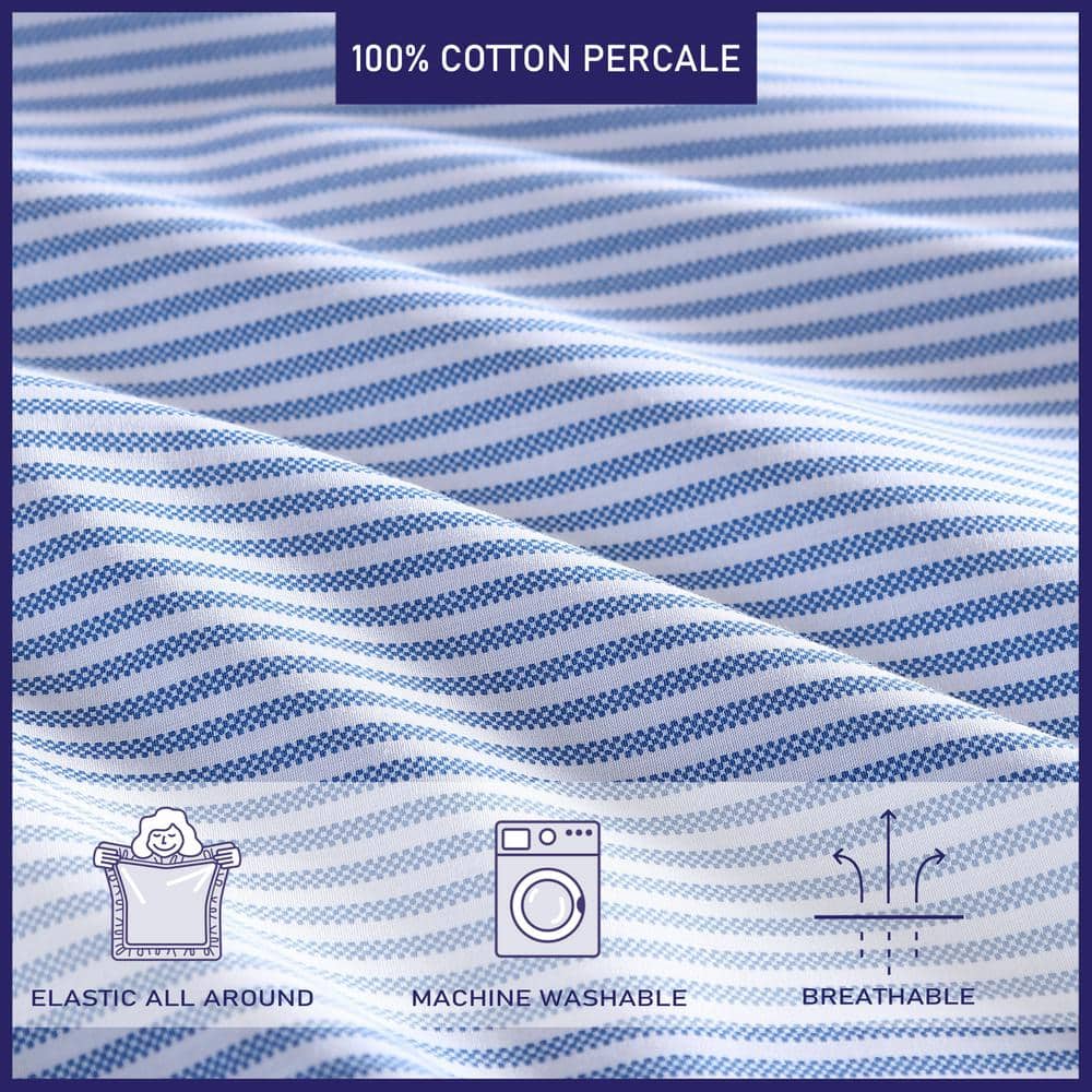 Twin Blue Cotton Percale Stripe Sheet Set