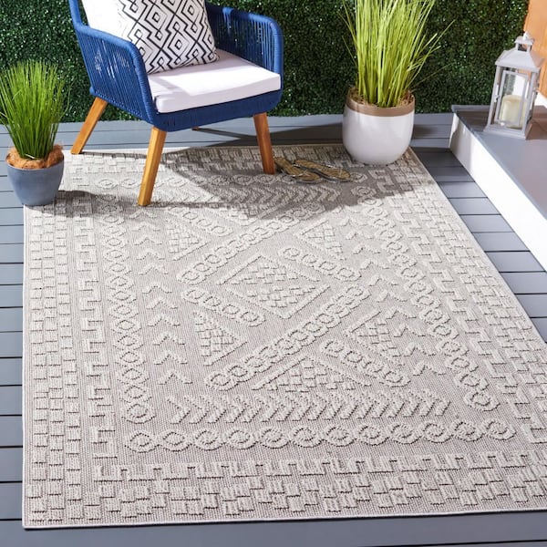 Global Gray/Ivory 9 ft. x 12 ft. Geometric Aztec Indoor/Outdoor Area Rug