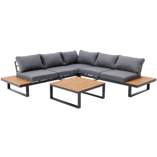 Waar progressief vragenlijst DESwan Aireal Black 4-Piece Aluminum Outdoor Patio Sectional Sofa Seating  Set w/ Olefin Gray Cushions and Built-in Side Tables BSC054 - The Home Depot