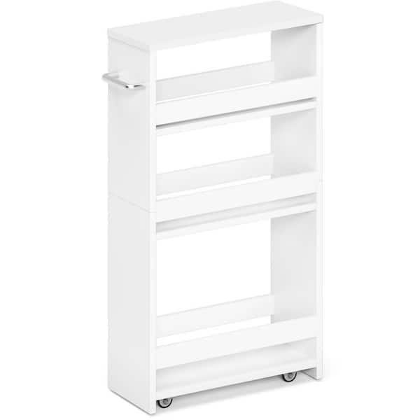 4 Tier White 5.51 in. D x 15.75 in. W x 31.5 in. H Slim Storage Cart w/ Wheel, Made of High Quality MDF Board, Easy Move