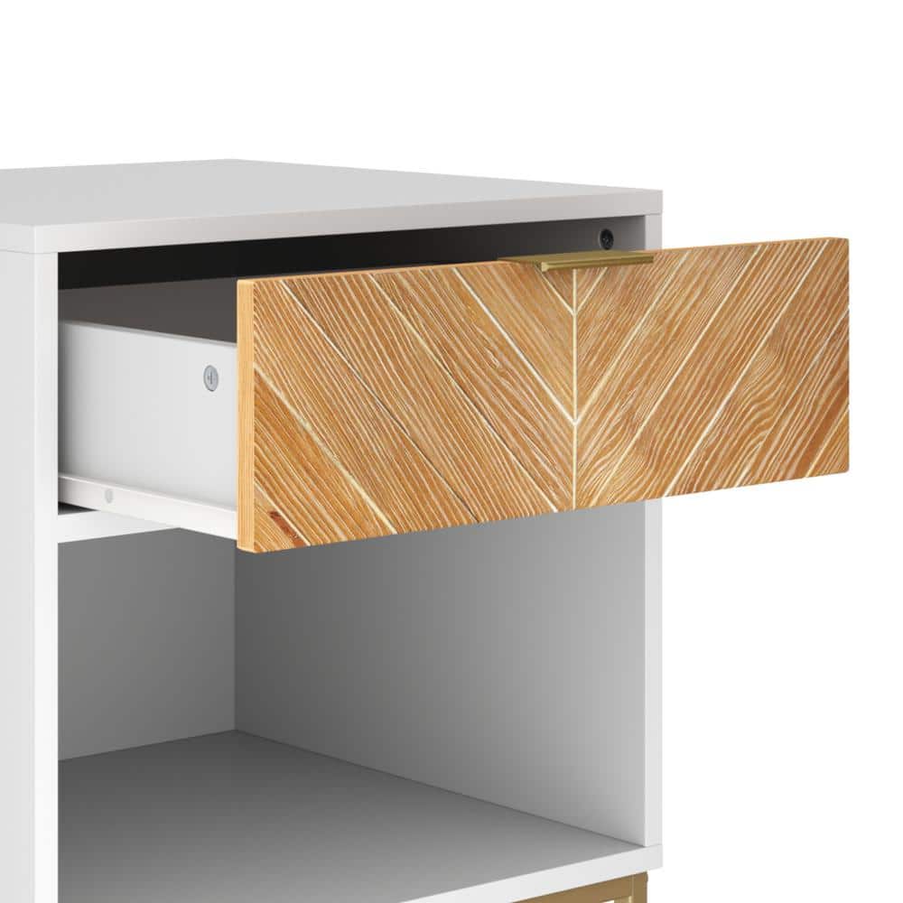 Kensi 18.9" White and Gold Nightstand with Herringbone Wood Drawer