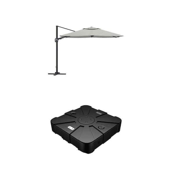 11 ft Square Gray Cantilever Patio Umbrella and Mobile Black Umbrella Base Combo