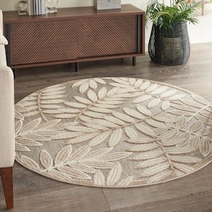 Aloha Natural 5 ft. Round Floral Modern Indoor/Outdoor Patio Area Rug