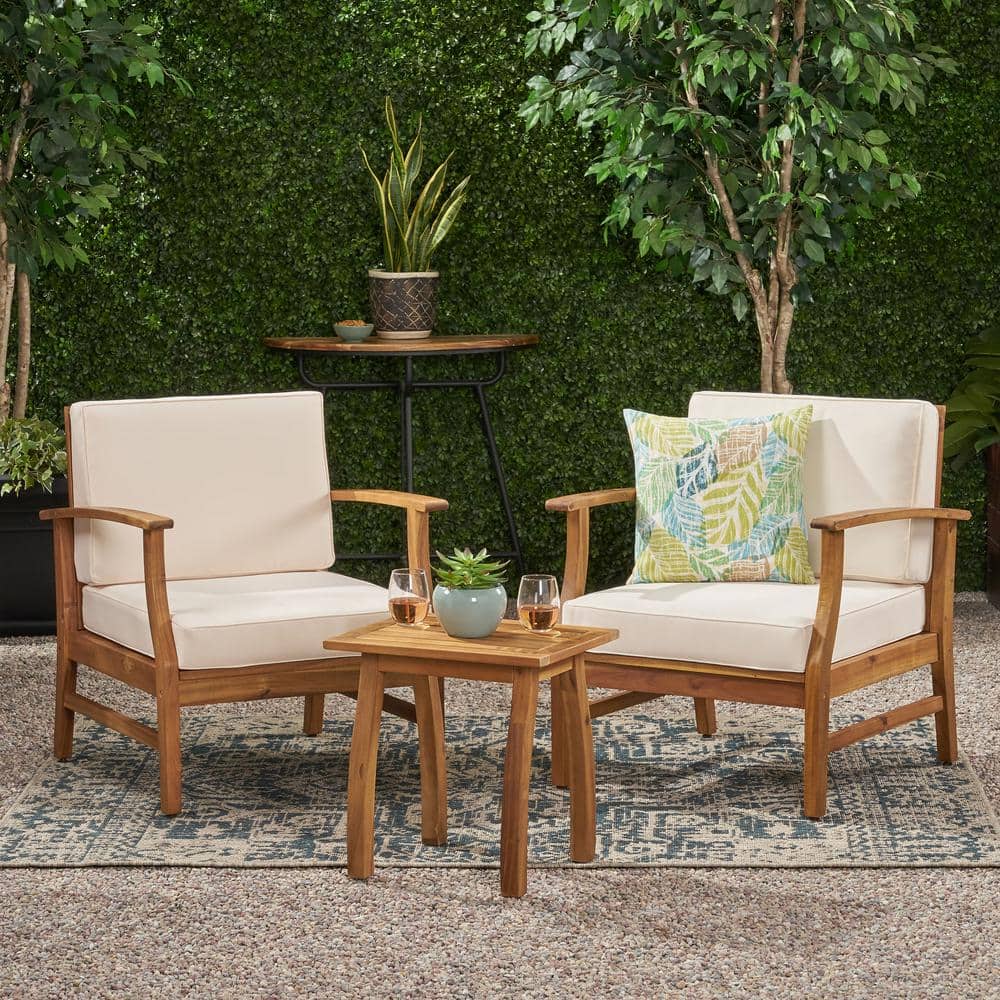 Teak Brown 3-Piece Outdoor Chat Set with Cream Cushions