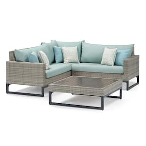 Milo Gray 4-Piece Wicker Outdoor Patio Sectional Seating set with Spa Blue Cushions
