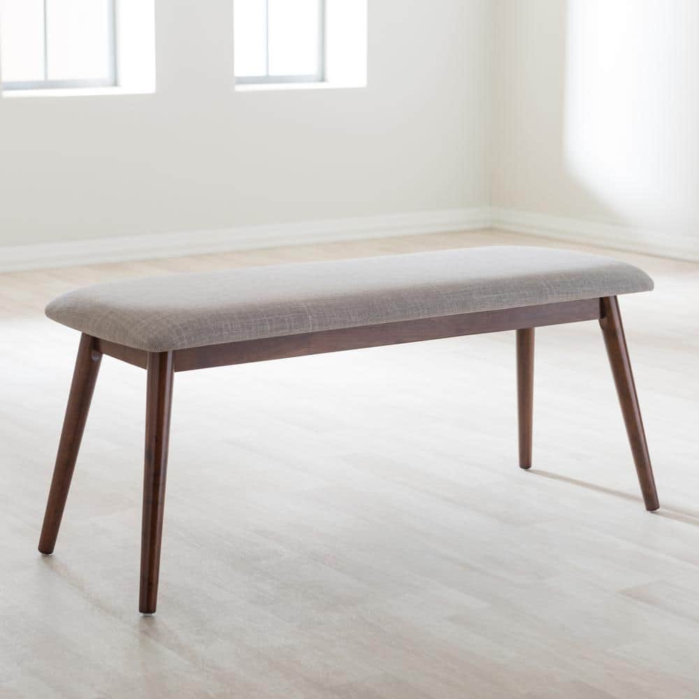 Flora Mid-Century Light Gray Upholstered Oak Dining Bench