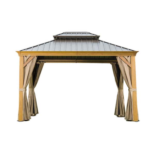 10 ft. x 14 ft. Outdoor Hardtop Gazebo Brown with Galvanized Steel Double Roof and Wood Grain Aluminum Frame