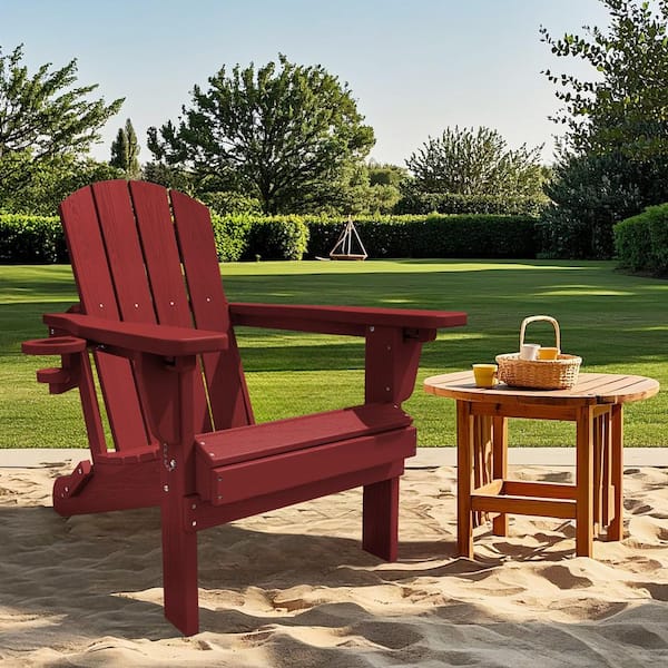 JEAREY Weather Resistant Plastic HDPE Outdoor Patio Folding Adjustable Adirondack Chair with Cup Holder in Dark Red