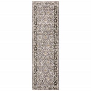 Grey and Blue 2 ft. x 8 ft. Oriental Power Loom Stain Resistant Fringe with Runner Rug