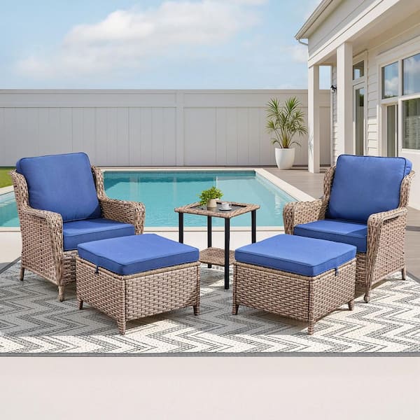 5-Piece Wicker Outdoor Chair Set for Patio Conversation with Blue Cushions