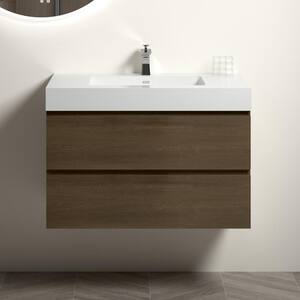 36 in. W x 18 in. D x 25.2 in. H Single Sink Wall-Mounted Bath Vanity in Dark Oak with White Solid Surface Top