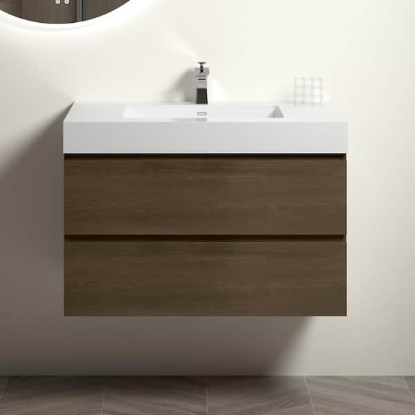 Staykiwi 36 in. W x 18 in. D x 25.2 in. H Single Sink Wall-Mounted Bath Vanity in Dark Oak with White Solid Surface Top