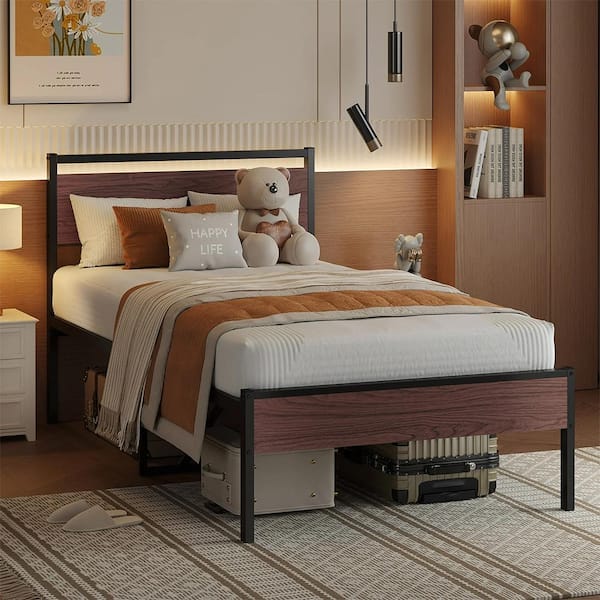 Black Metal Frame Twin Platform Bed with Headboard, Bedroom Vintage Kids Adult Metal Bed Frame