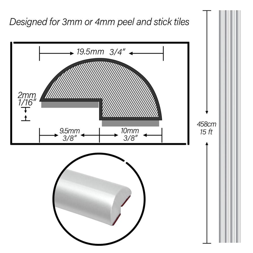 Matte Silver 15 Feet Self-Adhesive PVC Backsplash Trim