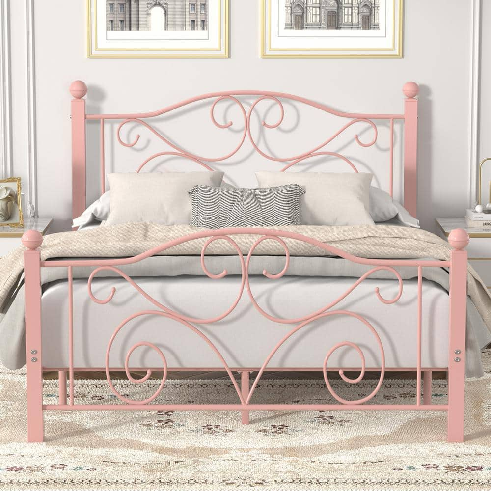 VECELO Bed Frame Pink Metal Frame Full Size Platform Bed Mattress ...