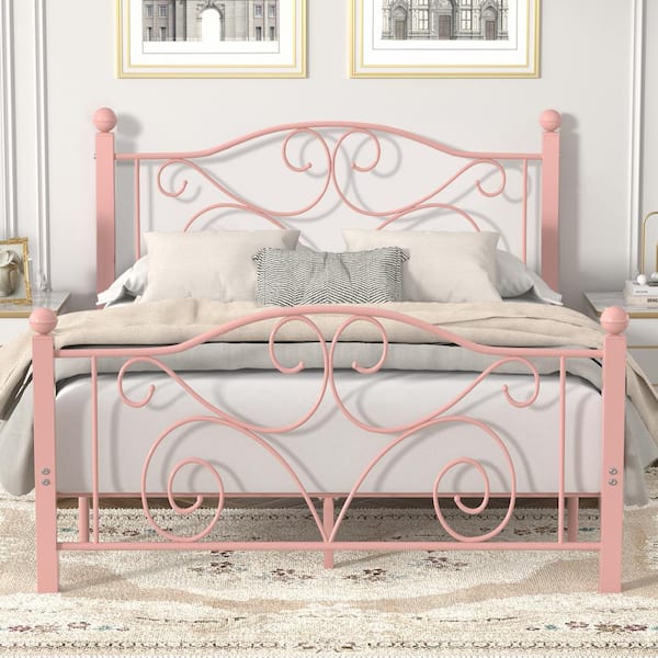 VECELO Bed Frame Pink Metal Frame Full Size Platform Bed Mattress Foundation Support with Headboard and Footboard Metal Bed