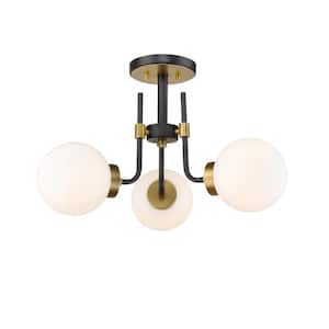 Parsons 22 in. 3-Light Matte Black and Olde Brass Semi Flush Mount with Opal Glass Shade
