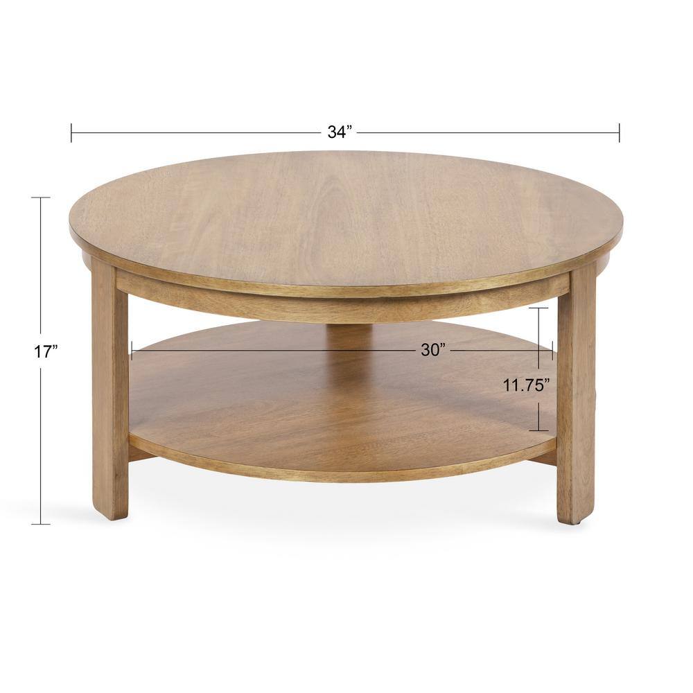 Natural Brown Round Wood and Metal Coffee Table with Storage
