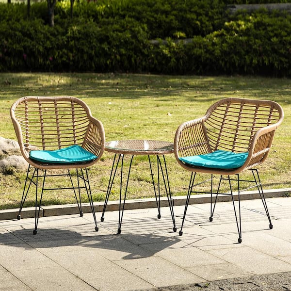Afoxsos Patio Rattan 3-Piece Wicker Outdoor Bistro Set Seating Group with Teal Cushions, Round Table and 2 Chairs