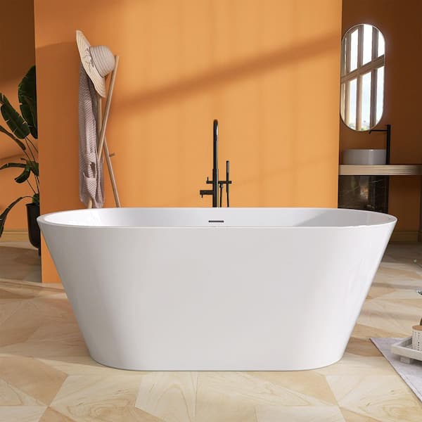 Zeafive 63 in. x 29.5 in. Free Standing Soaking Tubs Flatbottom Acrylic Freestanding Bathtub with Anti-Clogging Drain in White