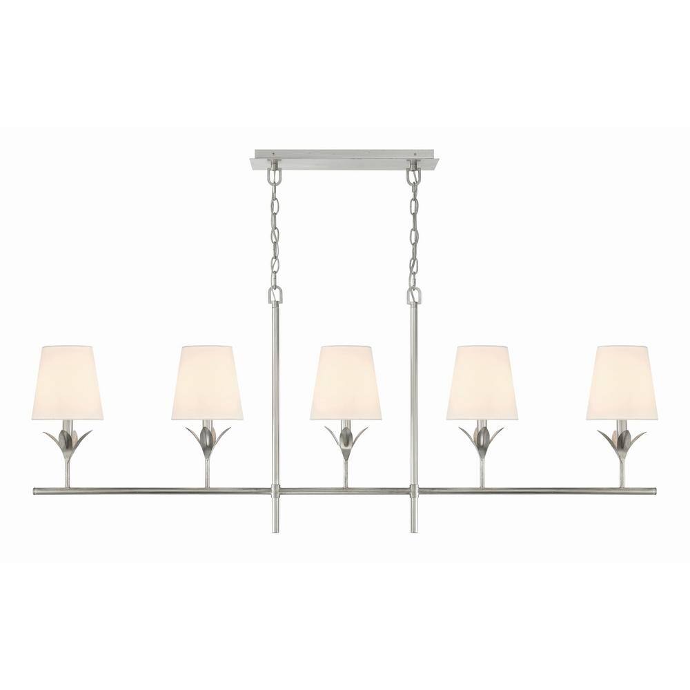 Antique Silver 5-Light Chandelier with White Silk Shades