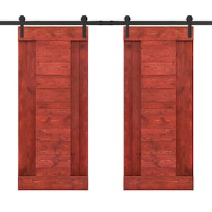 48 in. x 84 in. Cherry Red Stained DIY Knotty Pine Wood Interior Double Sliding Barn Door with Hardware Kit